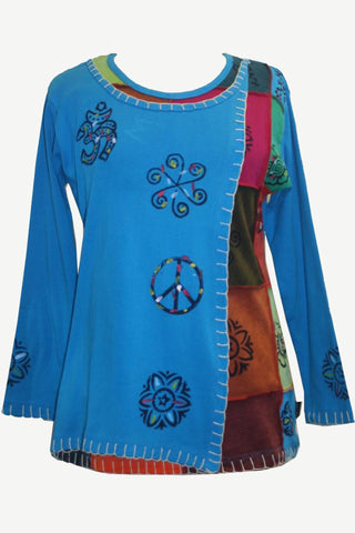 Knit Cotton Hand Brush Painted Bhoto Style Top Blouse - Agan Traders, Turquoise
