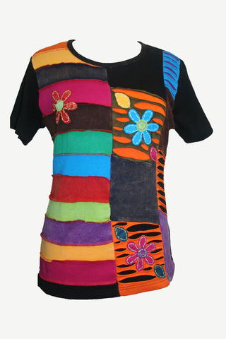 Rib Cotton Patch Flower Embroidered Tie Dye T-Shirt Blouse Top - Agan Traders, Black