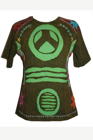 Rib Cotton Peace Symbol Top T-shirt Blouse - Agan Traders, Olive Green