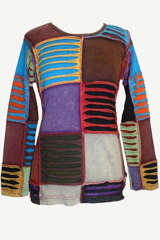 Rib Cotton Funky Slit Patch Bohemian Gypsy Top - Agan Traders, Multi 2
