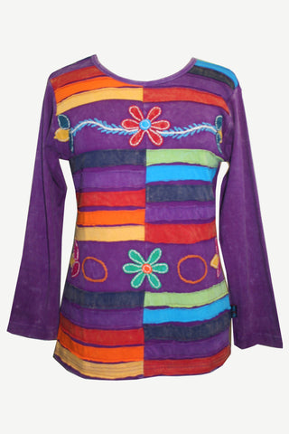 Rib Knit Cotton colorful Patched Embroidered Top Blouse. - Agan Traders, Purple