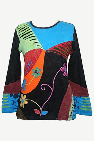 Rib Cotton Patched Embroidered Bohemian Gypsy Blouse - Agan Traders, Blue Multi