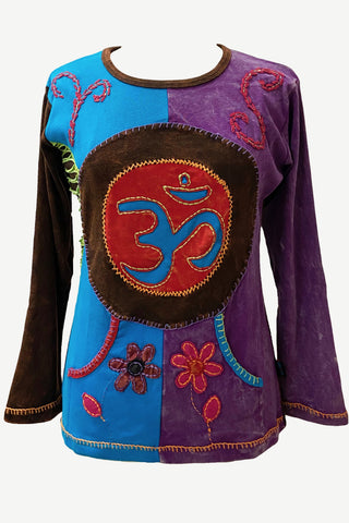 Rib Cotton Funky "Om" Embroidered Bohemian Gypsy Top Blouse - Agan Traders, Multi