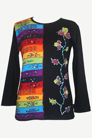 Rib Knit Cotton Rainbow Hand Brushed Flower Boho Gypsy Top Blouse - Agan Traders, Rainbow