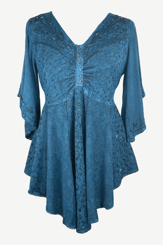 186026 B Medieval Butterfly Embroidered Beaded Bell Sleeve Top Blouse Tunic - Agan Traders, Teal Blue