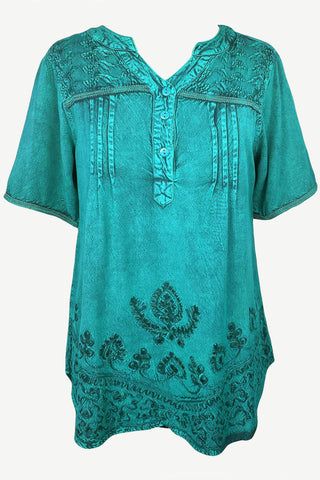 9011 B Bohemian Mandarin Style Three Button Embroidered Shirt Blouse - Agan Traders, Turquoise
