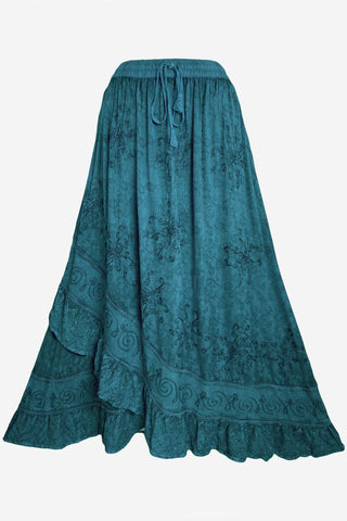 Gypsy Medieval Embroidered Asymmetrical Cross Ruffle Hem Skirt - Agan Traders, Turquoise