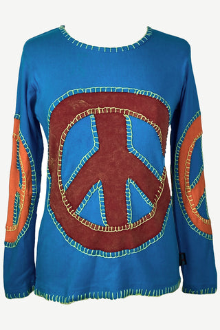Rib Cotton Funky Peace Patch Top Blouse - Agan Traders, Turquoise