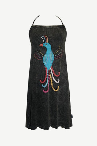 WDR 0083 Agan Traders Nepal Rib Cotton Patched Peacock Halter Summer Dress - Agan Traders, Black
