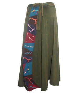 Long Gypsy Patch Rib Cotton Bohemian Wrapper Skirt - Agan Traders, Green
