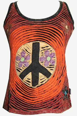 WTP 0062 Peace Symbol Razor Cut Tank Top Blouse - Agan Traders, Orange Multi