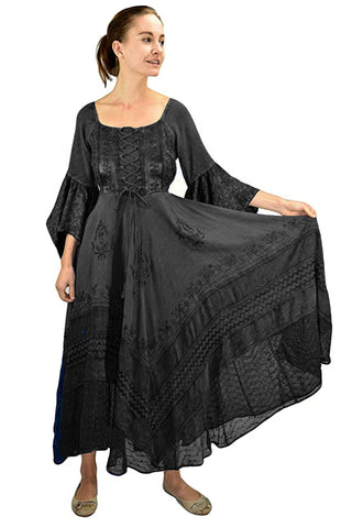 Medieval Gothic Bohemian Embroidered Handkerchief Flare Corset Dress Gown - Agan Traders, Black