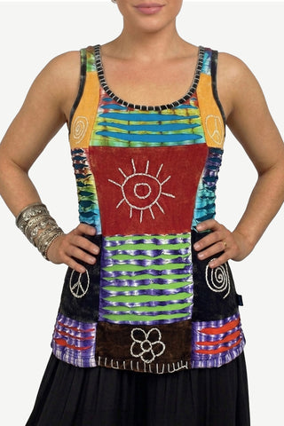 WTP 0038 Bohemian Tie Dye Multi-colored Patch Razor Cut Tank Top