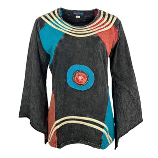 R 007 Agan Traders Knit Cotton Bell sleeve Boho Gypsy Top Blouse - Agan Traders, Black Turquoise