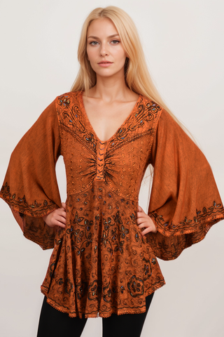 Medieval Butterfly Bell Sleeve Flare Blouse - Agan Traders, Orange Rust