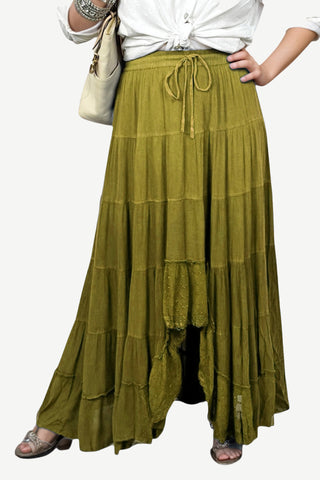 18 6028 SKT Boho Medieval Crepe Tier Elastic Waistband Front Open Long Skirt Maxi