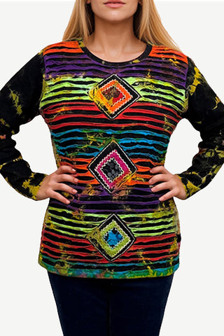 R 270 Boho Rib Knit Distressed  Tie-Dye Stonewashed Razor Cut Blouse Top