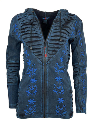 RJ 352  Denim Distressed Bohemian Razor Cut Hoodie Jacket - Agan Traders, Teal Blue