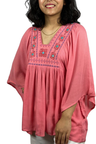 Rayon Crape Boho Gypsy Medieval Tunic Tee Blouse - Agan Traders, Pink