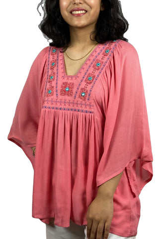 Rayon Crape Boho Gypsy Medieval Tunic Tee Blouse - Agan Traders, Pink