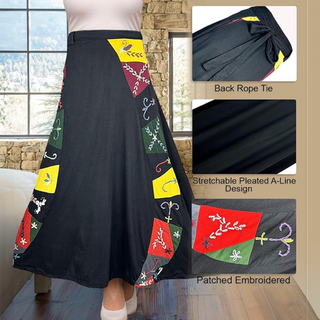 406 Skt Rib Knit Cotton Stripe Patched Bohemian Adjustable Wrapper Skirt Maxi  - Agan Traders, Black