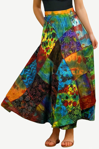 407 SKT BohoDrift Vibrant Tie Dye Overlocked Rainbow Patched Wrap Skirt