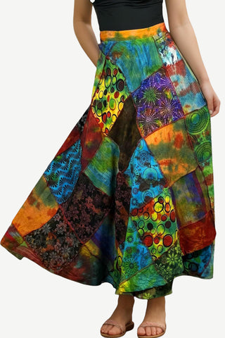407 WS Cotton Gypsy Rainbow Flower Diamond Tie Dye Overlocked Patched Wrap Skirt
