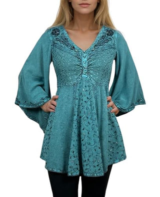 186026 B Medieval Butterfly Embroidered Beaded Bell Sleeve Top Blouse Tunic - Agan Traders, Turquoise