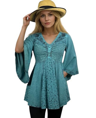 186026 B Medieval Butterfly Embroidered Beaded Bell Sleeve Top Blouse Tunic - Agan Traders, Turquoise