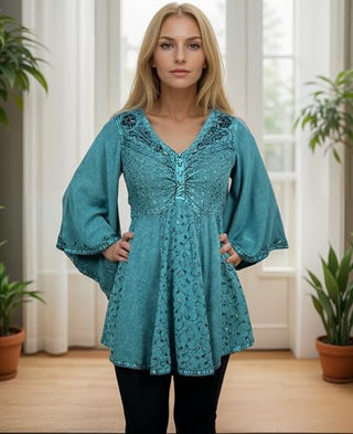 186026 B Medieval Butterfly Embroidered Beaded Bell Sleeve Top Blouse Tunic - Agan Traders, Turquoise