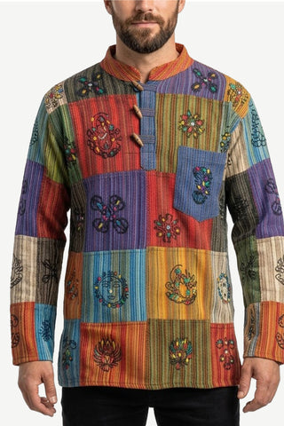 541 MS Men's Cotton Auspicious Symbols Patchwork Henley Mandarin Style Shirt