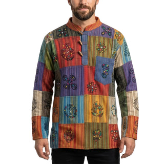 541 MS Men's Cotton Auspicious Symbols Patchwork Henley Mandarin Style Shirt
