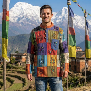 541 MS Men's Cotton Auspicious Symbols Patchwork Henley Mandarin Style Shirt