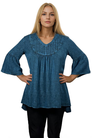 609 B Women's Vintage Medieval V Neck Striped Blouse Tunic - Agan Traders, Blue