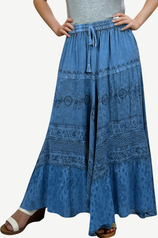 704 Skt Elastic Waistband Flare Hem Boho Skirt - Long Renaissance Embroidered Maxi Skirt