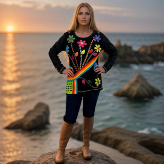 R 264 Knit Cotton Rainbow Razor Cut Flower Boho Gypsy Top Blouse