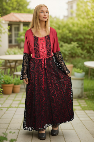 Medieval Vintage Corset Lace Two Tone Renaissance Dress Gown - Agan Traders, Black Red