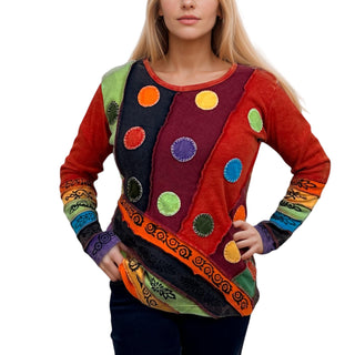 R 231 Denim Multi-colored Diagonal Patched Floral Embroidered Boho Blouse