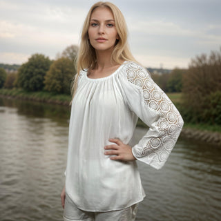 3873 B Rayon Bohemian Lace Sleeve Summer White Medieval Top Blouse