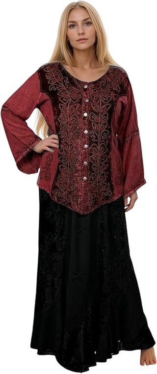 Rich Exotic Gothic Rayon Velvet Button Down Blouse Velvet Embroidered Top Blouse