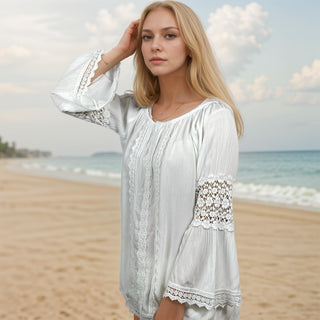 3903 B Rayon Crepe Bohemian Lace Sleeve Round Neck Summer Tunic Blouse