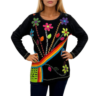 R 264 Knit Cotton Rainbow Razor Cut Flower Boho Gypsy Top Blouse