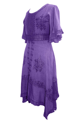 186014 DR Bohemian Asymmetrical Hem Ruffle Embroidered Casual Chic Dress - Agan Traders, Lavender