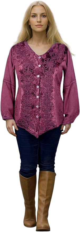 Rich Exotic Gothic Rayon Velvet Button Down Blouse Velvet Embroidered Top Blouse