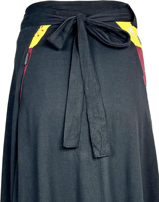 406 Skt Rib Knit Cotton Stripe Patched Bohemian Adjustable Wrapper Skirt Maxi  - Agan Traders, Black