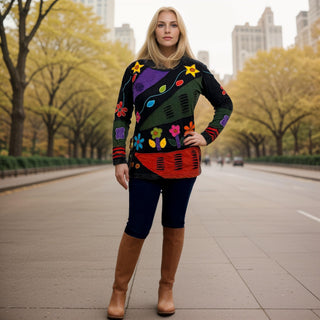 R 252 Knit Cotton Funky Patch Retro Blouse