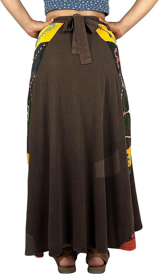 406 Skt Rib Knit Cotton Stripe Patched Bohemian Adjustable Wrapper Skirt Maxi  - Agan Traders, Brown