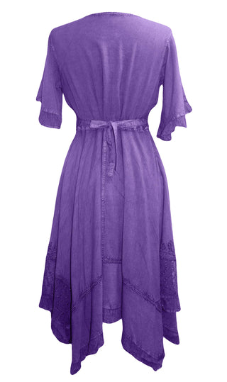 186014 DR Bohemian Asymmetrical Hem Ruffle Embroidered Casual Chic Dress - Agan Traders, Lavender