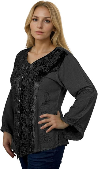 Rich Exotic Gothic Rayon Velvet Button Down Blouse Velvet Embroidered Top Blouse