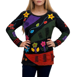 R 252 Knit Cotton Funky Patch Retro Blouse